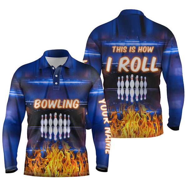 Custom blue flame Bowling polo Shirts For Men, this is how I roll team Bowling Jerseys NQS5634