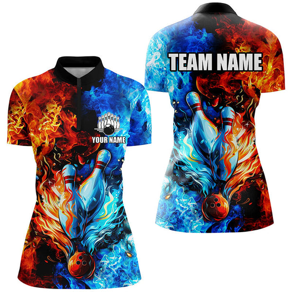 Blue and orange two sides Flame bowling Polo, Quarter Zip shirts for women Custom Bowling Team Jerseys NQS7749