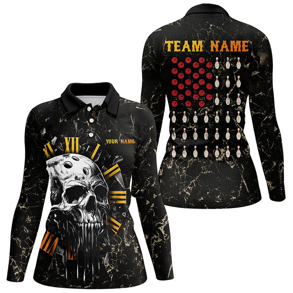 Skull Bowling Camo American Flag Custom Bowling Polo, 1/4 zip Shirts For Women Bowling Team Jerseys NQS8427