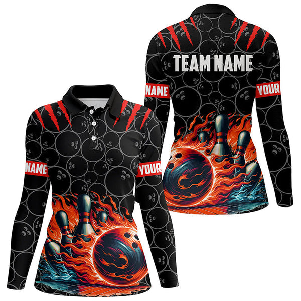 Women bowling polo shirts Custom black red flame bowling shirt, Bowling Team Jerseys gift for bowlers NQS7126