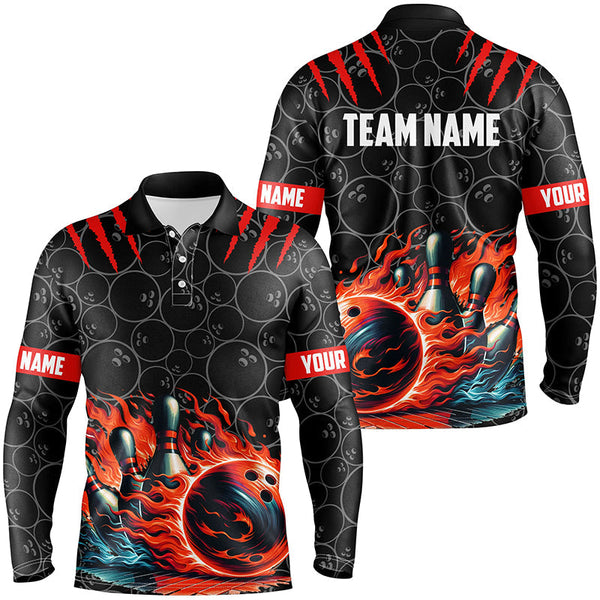 Mens Bowling polo shirts Custom black red flame bowling shirt, Bowling Team Jerseys gift for bowlers NQS7126