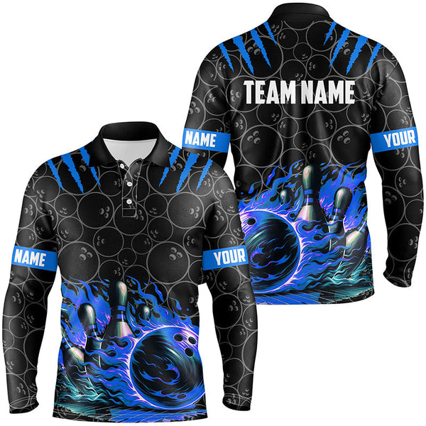Mens Bowling polo shirts Custom black blue flame bowling shirt, Bowling Team Jerseys gift for bowlers NQS7127
