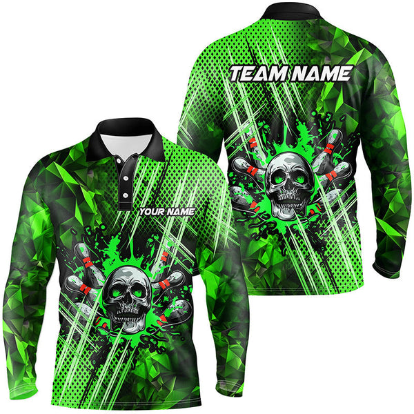 Green bowling pattern skull Men bowling Polo, Quarter Zip shirts Custom Bowling Team League Jerseys NQS7751