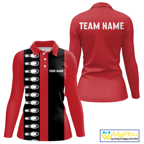 Red and black retro vintage Bowling polo, quarter zip shirts for Women custom Bowling team jerseys NQS10385