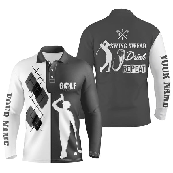 Black white Men golf polo shirts custom name swing swear drink repeat golf shirt, golf outfit men NQS4696
