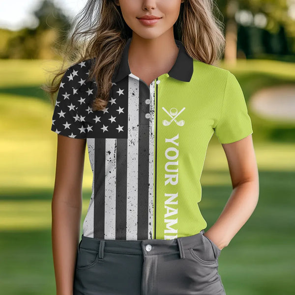 Black White Retro American Flag Golf Polo Shirt for Women Custom Patriotic Golf Team Shirt | Green NQS9637