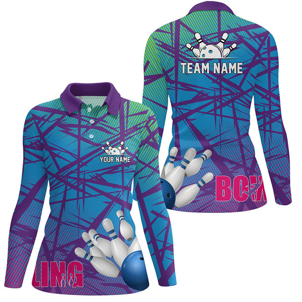 Womens bowling polo shirt blue purple camo Bowling Jerseys, Personalized Bowling Team Shirts NQS6996