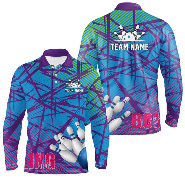 Personalized Men polo Bowling Shirt blue purple camo Bowling Jerseys, Personalized Bowling Team Shirts NQS6996