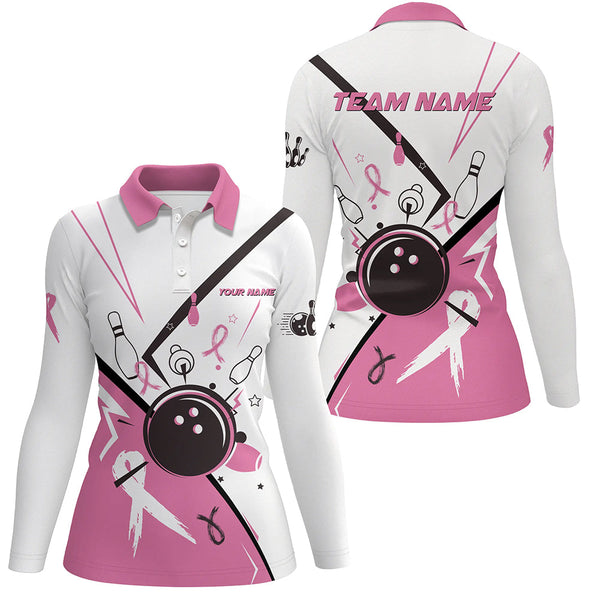 Pink ribbon breast cancer awareness bowling jerseys Custom Team Bowling Polo Shirt For Women | White NQS7245
