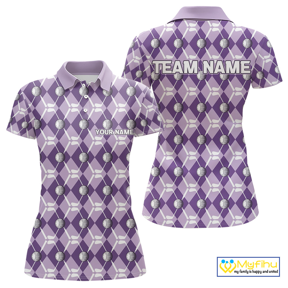 Women golf polo shirts custom purple argyle plaid pattern golf attire for ladies, golfer gifts NQS10078