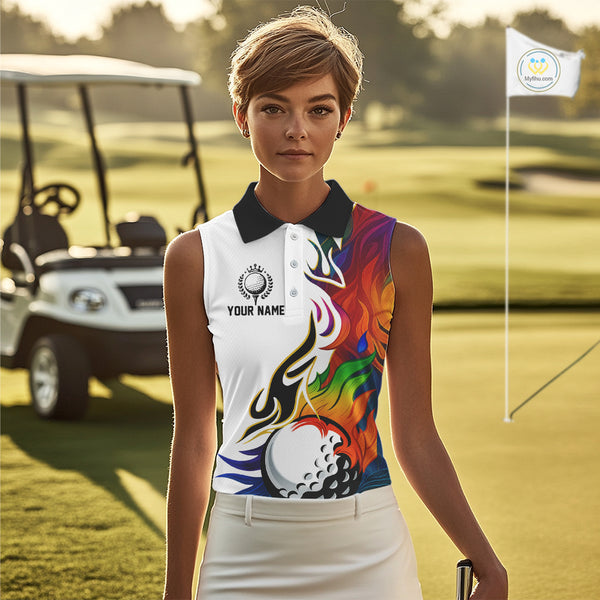 Colorful Rainbow Flame golf ball Women Sleeveless Polos custom team golf jerseys, Ladies golf attire NQS10399