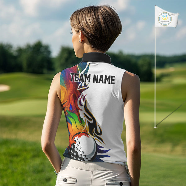 Colorful Rainbow Flame golf ball Women Sleeveless Polos custom team golf jerseys, Ladies golf attire NQS10399