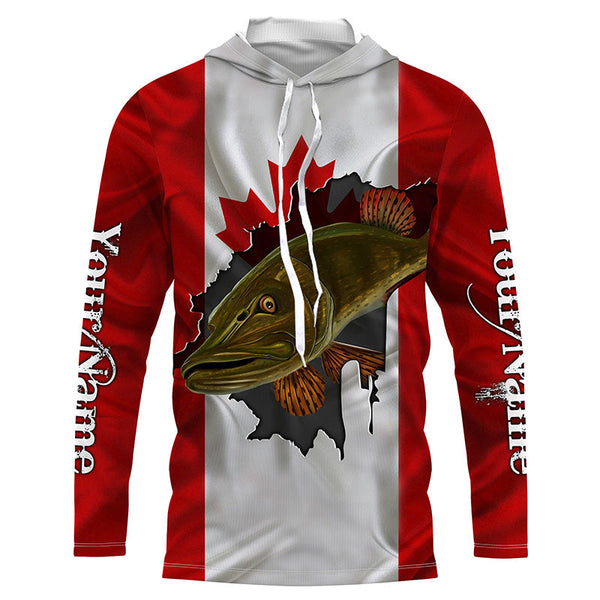 Northern Pike fishing Canadian flag patriot UV protection Customize name long sleeves fishing shirts NQS4500