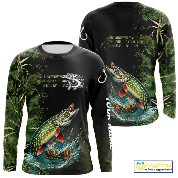 Northern Pike fishing camouflage Custom performance long sleeve Fishing Shirts, Pike Fishing jerseys NQS10082