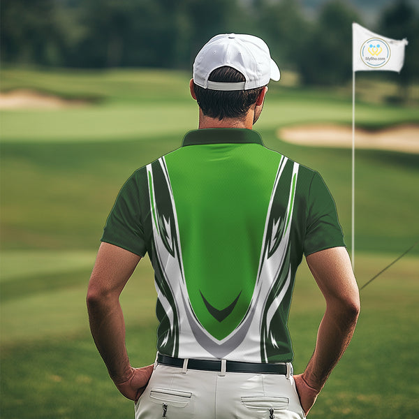 Green and white Mens golf polo shirts custom golf attire for men, gifts for golf lovers NQS10084