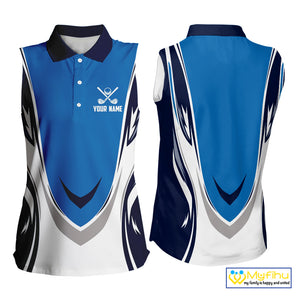 Blue and white Women sleeveless golf polo shirt custom golf attire for ladies, gifts for golf lovers NQS10085