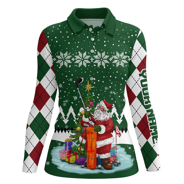 Ugly Christmas green argyle pattern golf shirt custom Womens polo shirt Santa Golfer Christmas gift NQS6542