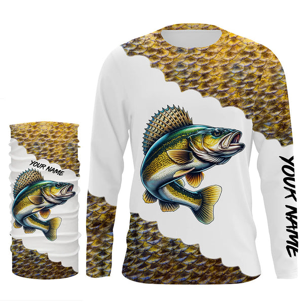 Walleye fishing scales shirts for men Customize name Performance Long Sleeve fishing apparel NQS1110