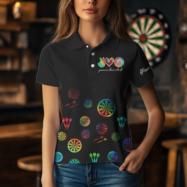 Personalized Colorful tie dye Black Camo Darts Shirts For Women Custom Peace Love Darts Team Jerseys NQS9484