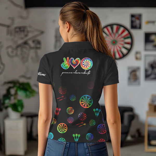 Personalized Colorful tie dye Black Camo Darts Shirts For Women Custom Peace Love Darts Team Jerseys NQS9484