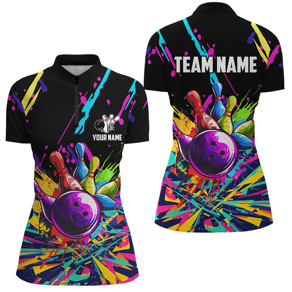 Colorful bowling jerseys Bowling Polo, 1/4 Zip Shirt for Women Custom Bowling Team shirts for bowlers NQS7597