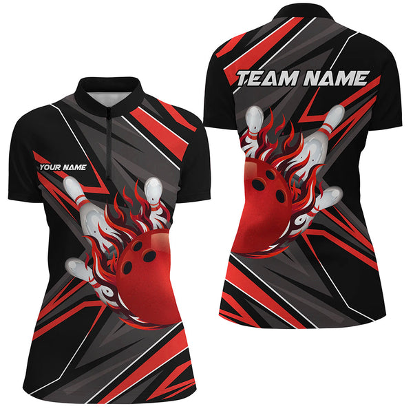 Black and Red Womens Bowling Shirts custom Bowling Ball and Pins flame bowling jerseys for Bowlers NQS8428