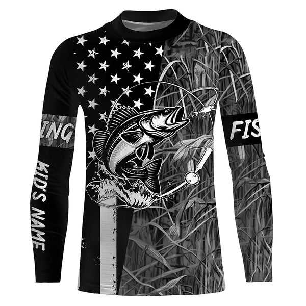 Walleye fishing custom name black American flag camo performance long sleeve fishing shirts for men NQSD99
