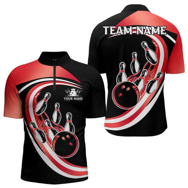 Black and Red Bowling Polo, 1/4 Zip Shirt For Men Custom Bowling Team League Jersey, Gift For Bowler NQS9490