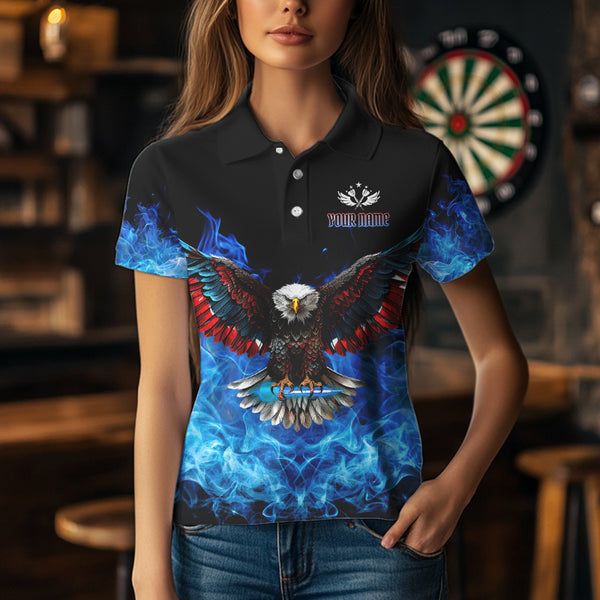 Blue Flame Smoke American Flag Eagle Skull Women Darts Polo, 1/4 Zip Shirts Custom Darts Team Jersey NQS9658