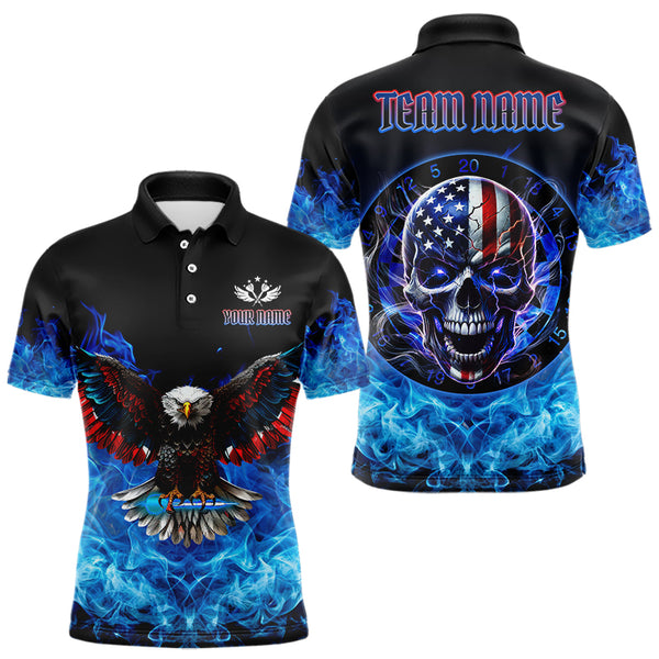 Blue Flame Smoke American Flag Eagle Skull Darts Polo, 1/4 Zip Shirts For Men Custom Darts Team Jersey NQS9658