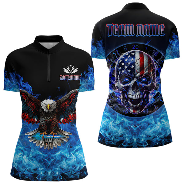 Blue Flame Smoke American Flag Eagle Skull Women Darts Polo, 1/4 Zip Shirts Custom Darts Team Jersey NQS9658