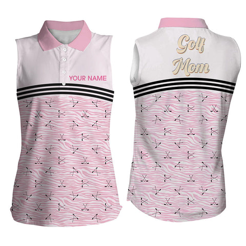 Pink golf clubs zebra pattern Women's sleeveless polo shirt personalize mother's day golf gift for mom NQS5195