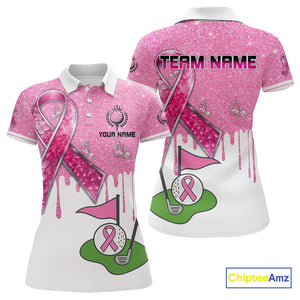 Pink ribbon glitter Golf Polo Shirts For Women Custom team golf jerseys, breast cancer golf shirts NQS9882