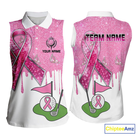 Pink ribbon glitter Women Golf sleeveless Polo Shirt Custom team golf jersey, breast cancer golf shirt NQS9882