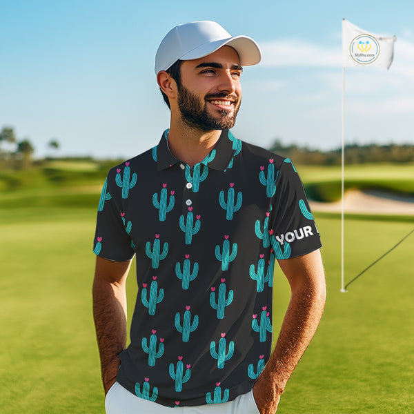 Personalized black and green cactus flower pattern mens golf polo shirts custom cactus golf shirts NQS9942
