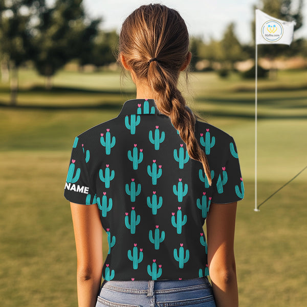 Personalized black & green cactus flower pattern Women golf polo shirts custom cactus golf shirts NQS9942