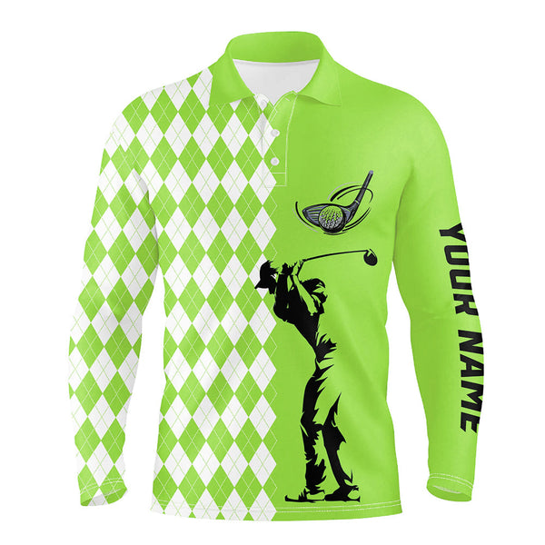 Personalized white argyle plaid pattern Mens golf polo shirts, custom Green golf tops for mens NQS7791