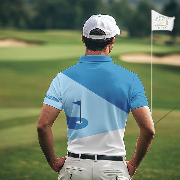 Mens golf polo shirts custom blue and white golf apparel for men, golfing gifts NQS10409