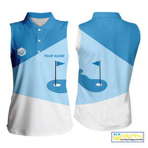Women Sleeveless golf polo shirts custom blue and white golf apparel for ladies, golfing gifts NQS10409