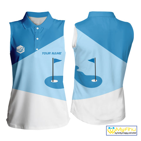 Women Sleeveless golf polo shirts custom blue and white golf apparel for ladies, golfing gifts NQS10409