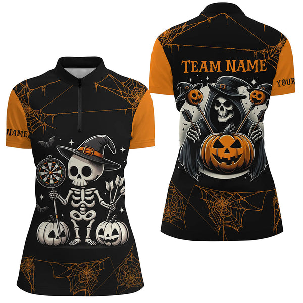 Funny Skeleton Halloween Darts Shirts For Women Custom Halloween Shirts Gifts For Darts Player TDM2473