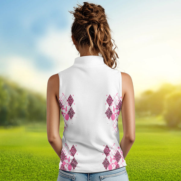 Pink Leopard argyle pattern white Women sleeveless golf polo shirt custom golf tank top for women NQS9349