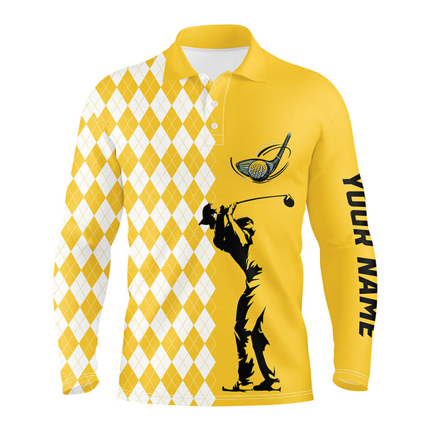 Personalized white argyle plaid pattern Mens golf polo shirts, custom Yellow golf tops for mens NQS7271