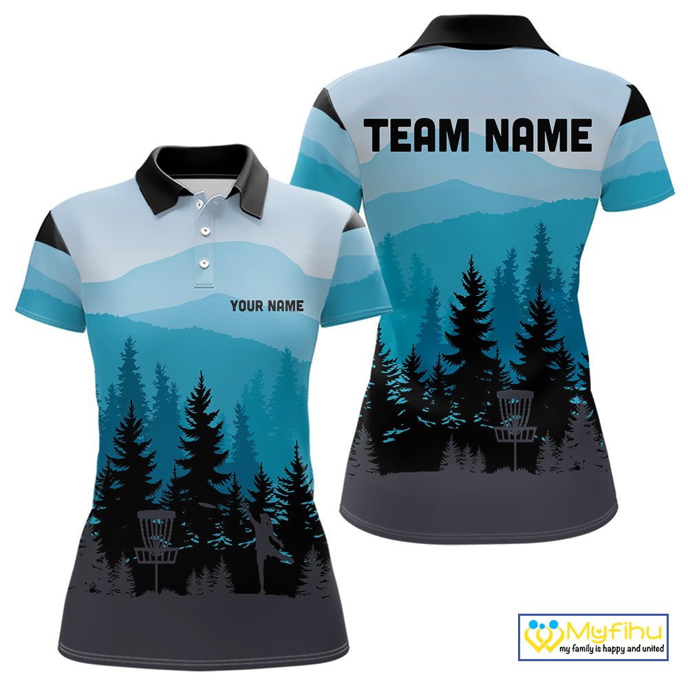 Blue pattern forest Women Disc golf polo shirts Custom team disc golf jerseys for ladies NQS9943