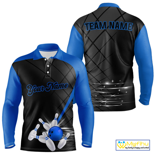 Black and blue bowling league jersey custom Mens Bowling Polo, 1/4 zip Shirt, gifts for men bowler NQS10095