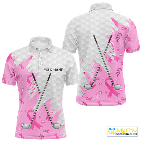 Pink ribbon breast cancer pattern custom name white Mens golf polo shirts, team golf tops for men NQS10421