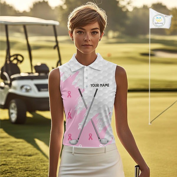 Light Pink ribbon breast cancer pattern custom white Sleeveless Polo Shirt, team ladies golf top NQS10422