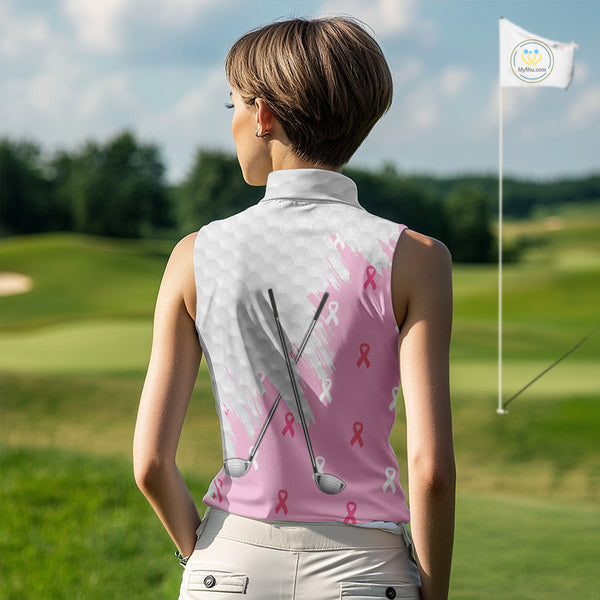 Light Pink ribbon breast cancer pattern custom white Sleeveless Polo Shirt, team ladies golf top NQS10422