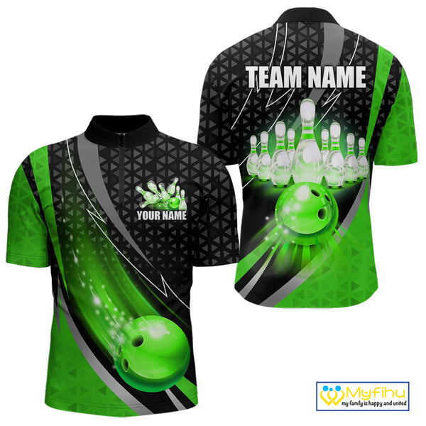 Black and Green Bowling Camo Polo, 1/4 Zip Shirt for Men Custom Team Bowling jerseys, Bowler Outfit NQS10425