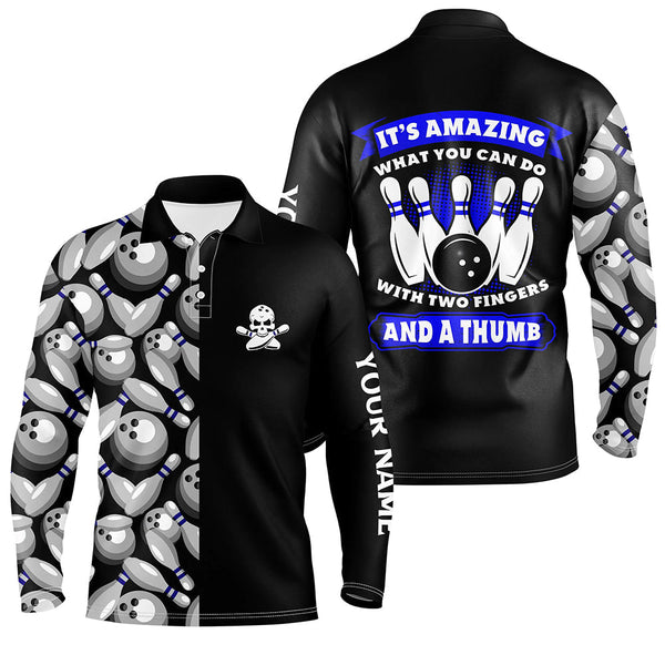 Skull black Mens Bowling polo Shirt custom It's amazing what you can do with two fingers and a thumb NQS6829
